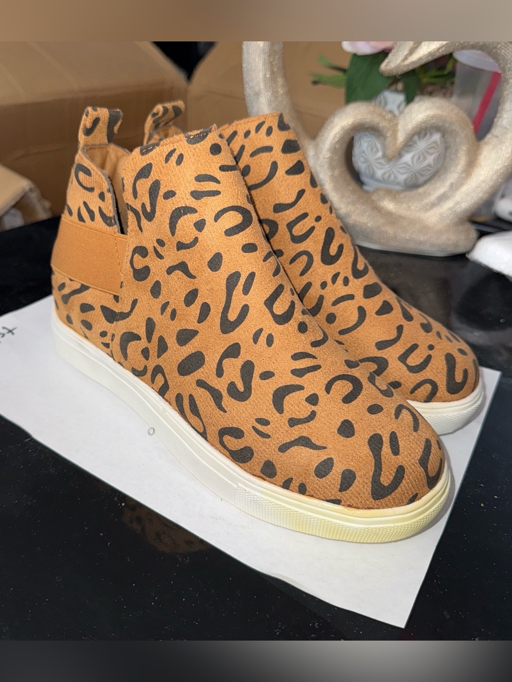 Women’s Leopard Print Slip-On High Top Sneakers - Tan & Black